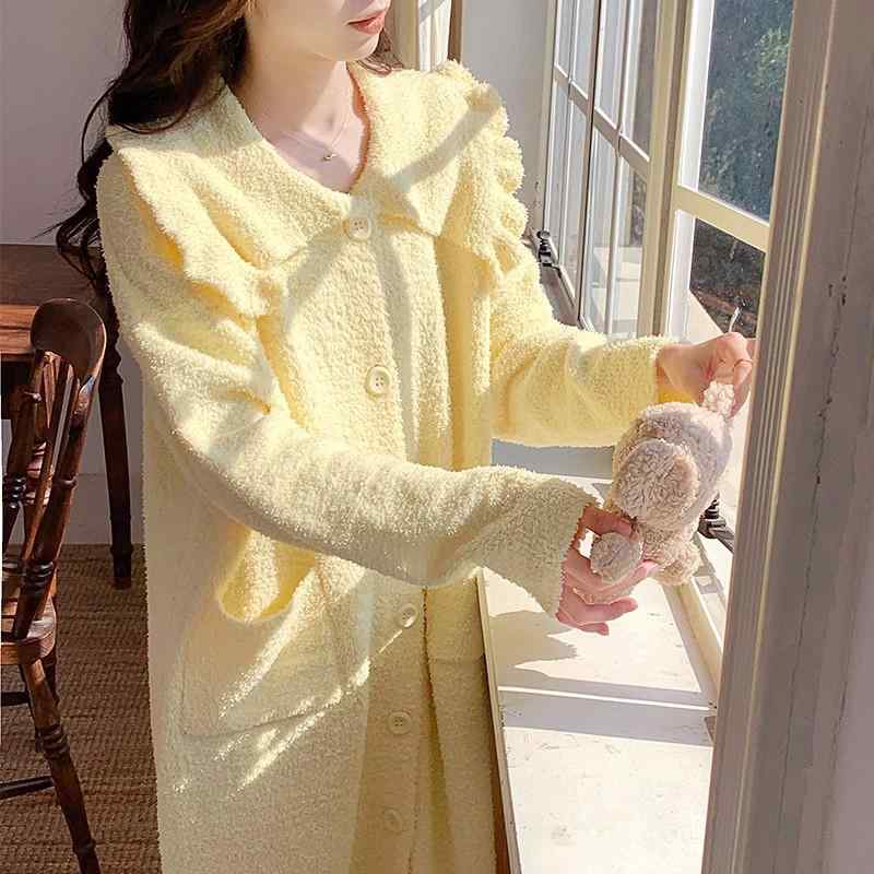 ルームウェア レディース 極厚 裏起毛 あったか 快適 ハーフベルベット 姫系 かわいい ネグリジェ パジャマ ローブ 冬用 クリームイエロー