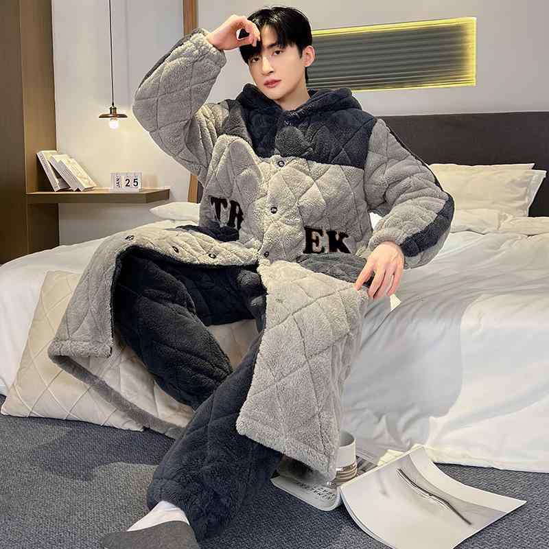パジャマ メンズ 秋冬 保温 あったか 厚手 三層中綿入り フード付き ローブ ガウン パンツ セット 部屋着 ルームウェア 快適