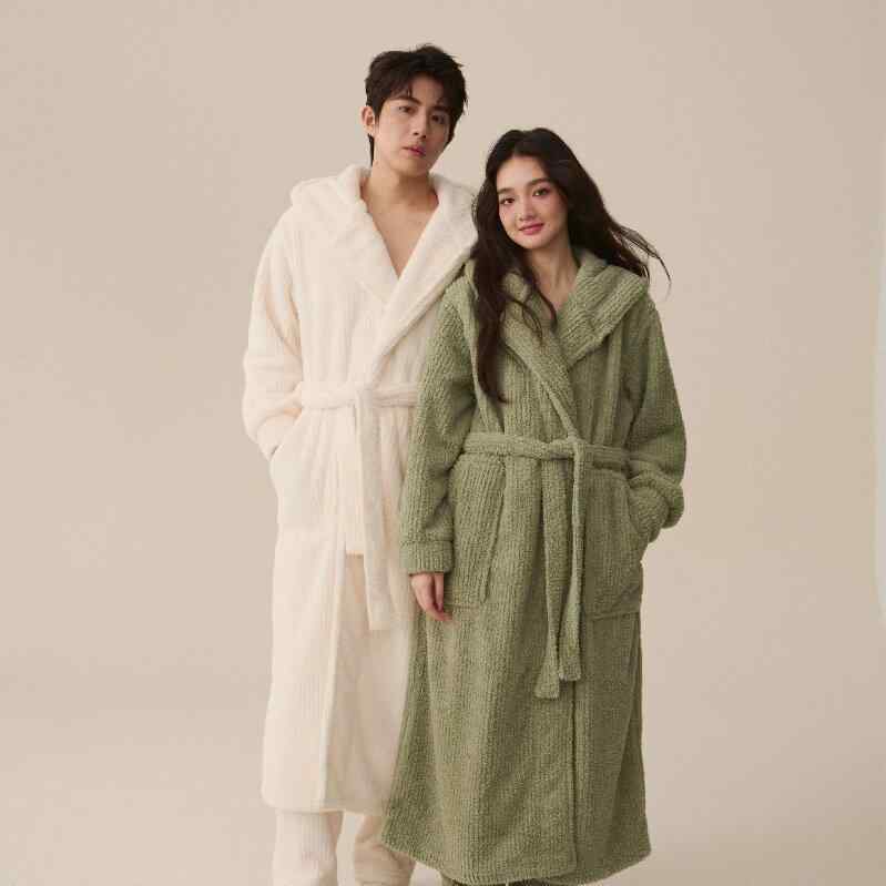 バスローブ メンズ レディース 男女兼用 ペア カップル フード付き ロング丈 厚手 サンゴフリース もこもこ ふわふわ あったか 保温 秋冬 部屋着 ルームウェア ガウン ナイトウェア