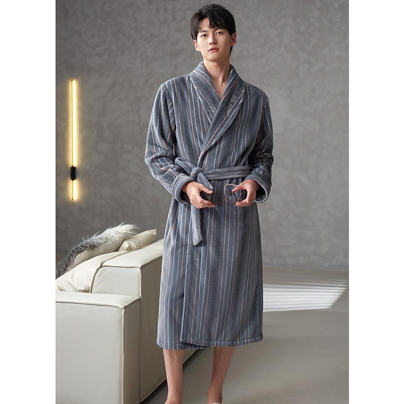 バスローブ メンズ 秋冬 フランネル 裏起毛 極厚 暖かい 保温 襟付き ウエストベルト付き 和風 日系 部屋着 ルームウェア ガウン パジャマ