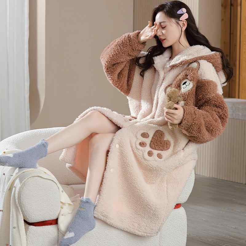 バスローブ レディース 秋冬 保温 厚手 裏起毛 フランネル サンゴフリース ミディ丈 ひざ下丈 ルームウェア 部屋着 ガウン お泊り ホテル 快適 かわいい クリームホワイト ポリエステル