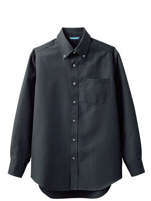 メンズボタンダウンシャツ　(長袖)　黒　《blanchi》アルベ【ブラック】【左胸ポケット付】業務用　制服　スプリンジーストライプ