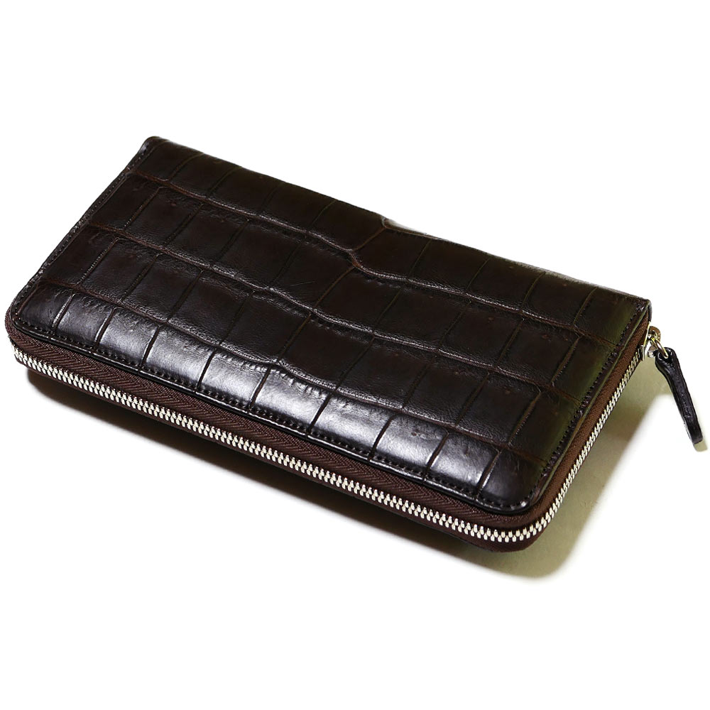 長財布 ラウンドファスナー メンズ レディース 財布 サイフさいふ 長札 大容量 クロコダイル革 ワニ革 鰐革 本革 レザー 男女兼用 マット仕上げ チョコ