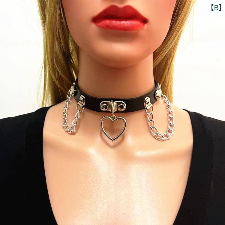 チョーカー レディース レザー ネックレス ハート形 ペンダント チェーン パンク ロック 欧米風 個性的 ストリートスタイル ファッション小物 黒 白 赤 ピンク 合金 アクセサリー 普段使い イベント クール おしゃれ