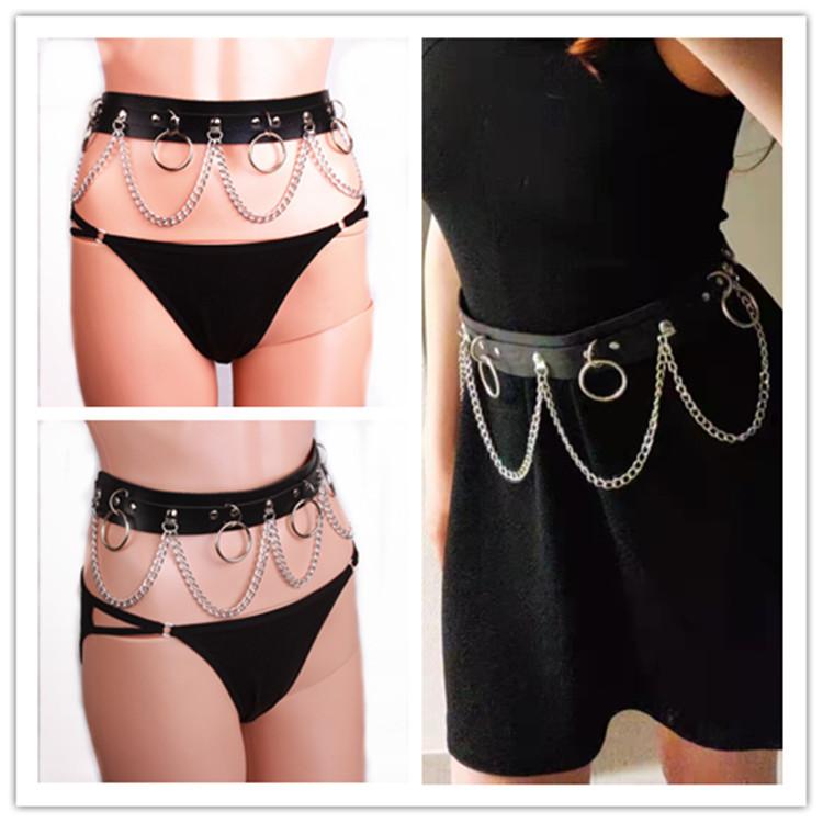 ベルト パンク ロック ストリート系 フェイクレザー 合皮 多重リング チェーン 幅広 デザイン ウエストマーク アクセサリー ブラック ホワイト ピンク