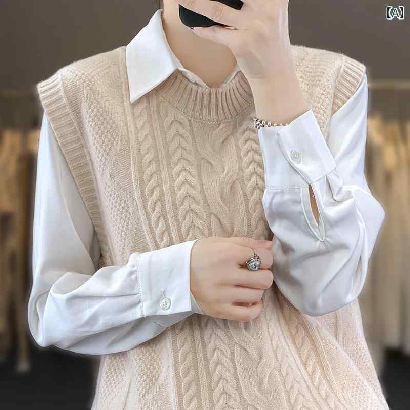 ニットベスト レディース 秋冬 羊毛 ゆったり オーバーサイズ ノースリーブ クルーネック 肉厚 ケーブル編み リブ編み ショート丈 デザイン性 カジュアル