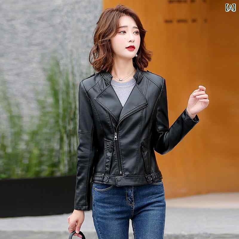 レザージャケット レディース 秋冬 スリムフィット 細見え ウエストシェイプ 本革 羊革 スタンドカラー ジップアップ 韓国ファッション アウター トレンド カジュアル ブラック ブラウン 長袖 ポケット付き 切り替え 中綿入り