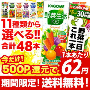 【送料無料】 11種類から選べるカゴメ野菜ジュース ＜48本セット＞ (24本 × 2種類) [野菜一日これ一本/野菜生活など] 【ナチュマート/ケース販売/箱買い】【1202lfs-m】【smtb-s】野菜ジュースはオーガランドでまとめ買い【kagome_oga】