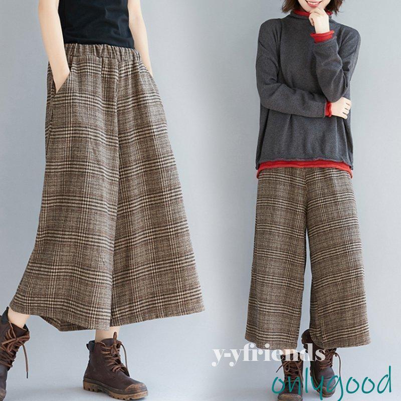 ガウチョパンツ レディース 秋冬 ワイドパンツ 九分丈 チェック柄 スカーチョ パンツ 厚手 ウエストゴム きれいめ ラシャ 体型カバー 大きサイズ