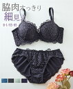 ブラジャーショーツセット (B65/M-F85/LL) 脇高 レーシー ブラジャー ショーツ セット ニッセン 脇肉 背中 レース ブラショーツ 3/4カップ 黒