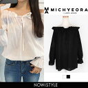 MICHYEORA(ミチョラ)袖フリルオフショルブラウス【03/08up_go】韓国 韓国ファッション ブラウス 長袖 春 シフォン フリル リボン トップス オフショルダー アイボリー ブラック 白 黒【あす楽】 ※メール便不可