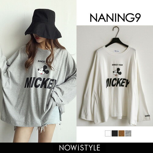 NANING9(ナンニング)ミッキープリントドルマンTシャツ【9/6up_go】【メール便120円】韓国 韓国ファッション　トップス ドルマン 体型カバー ゆったり ルーズフィット Tシャツ ミッキー ミッキーマウス ディズニー ディズニーコーデ お揃い ナンニング レディース【即納】