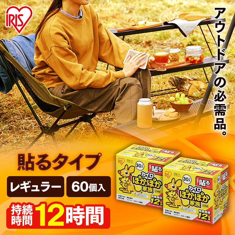 【60枚入り】カイロ 貼る 60枚 ぽかぽか家族 アイリスオーヤマ レギュラー(30枚入り×2個) 腰 お腹 温め カイロ 背中 使い捨てカイロ 12時間継続 防寒対策 冷え性対策 あったかい 防災 レジャー アウトドア 粘着剤付 PKN-30HR 【D】