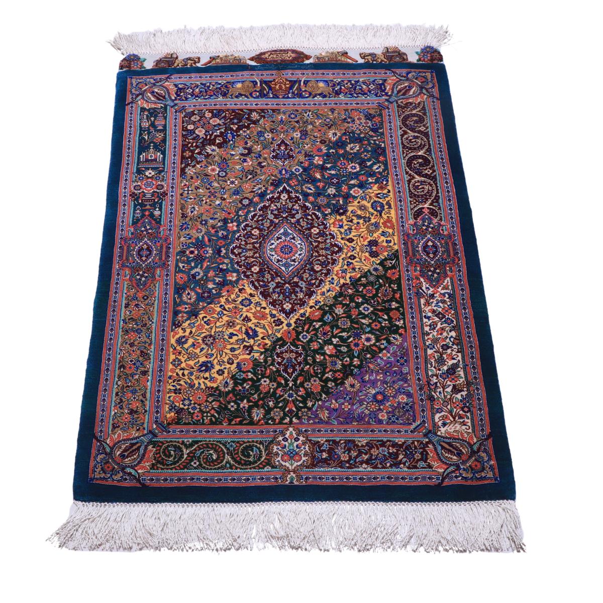 ペルシャ絨毯 イラン製 93×58cm 手織り 天然 シルク100% 長方形 草木染 高級 ナチュラル 北欧 ラグ 絨毯 マット ラグマット カーペット 床暖房対応 ホットカーペット対応 （FN-70285）