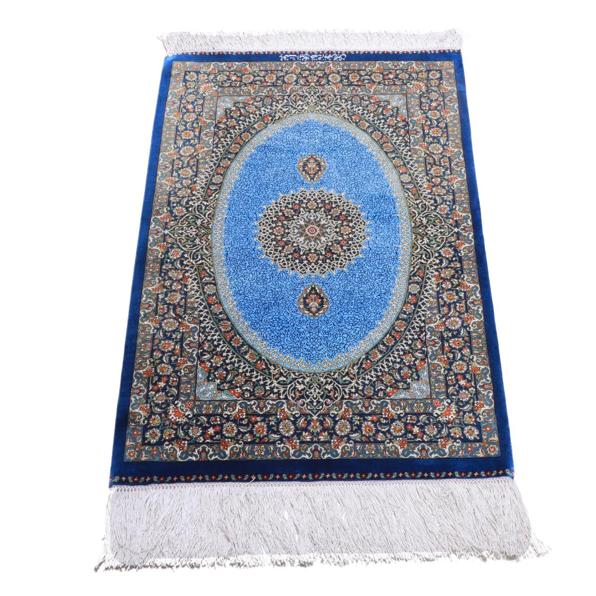 ペルシャ絨毯 イラン製 92×58cm 手織り 天然 シルク100% 長方形 草木染 高級 ナチュラル 北欧 ラグ 絨毯 マット ラグマット カーペット 床暖房対応 ホットカーペット対応 （FN-70287）