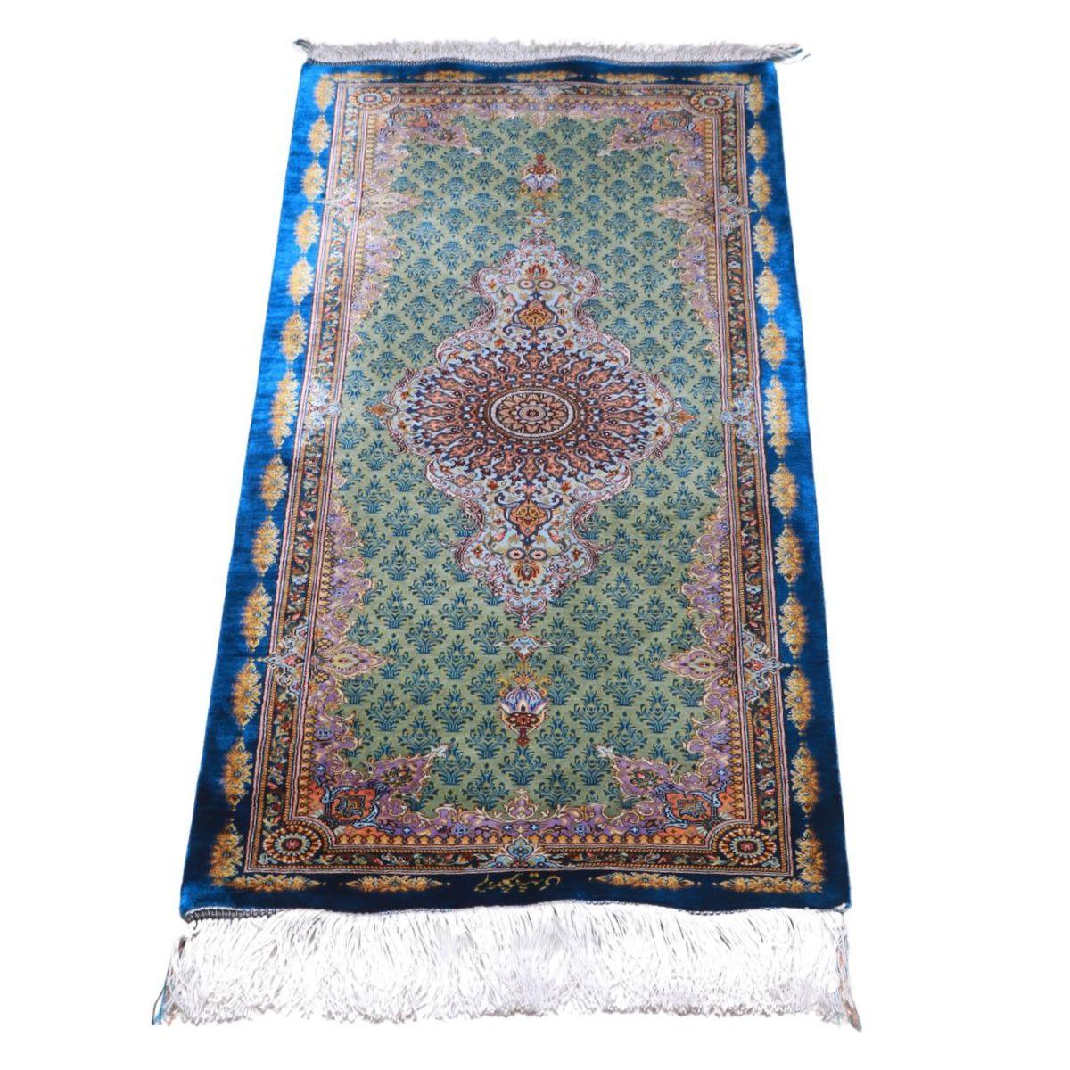 ペルシャ絨毯 イラン製 113×45cm 手織り 天然 シルク100% 長方形 草木染 高級 ナチュラル 北欧 ラグ 絨毯 マット ラグマット カーペット 床暖房対応 ホットカーペット対応 （FN-70318）