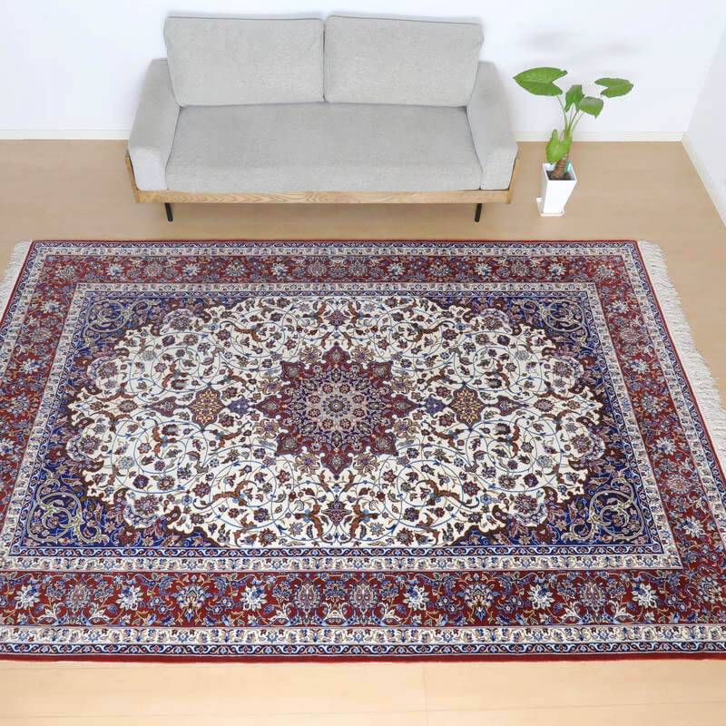 ペルシャ絨毯 イスファハン・セーラフィアン工房 313×214cm? 有名工房 手織り イラン製 モダン クラシック リビング ダイニング 寝室 和室 インテリア 床暖房 ホットカーペット対応 ラグ 白 ベージュ 水色 メダリオン(品番:FX-22169)