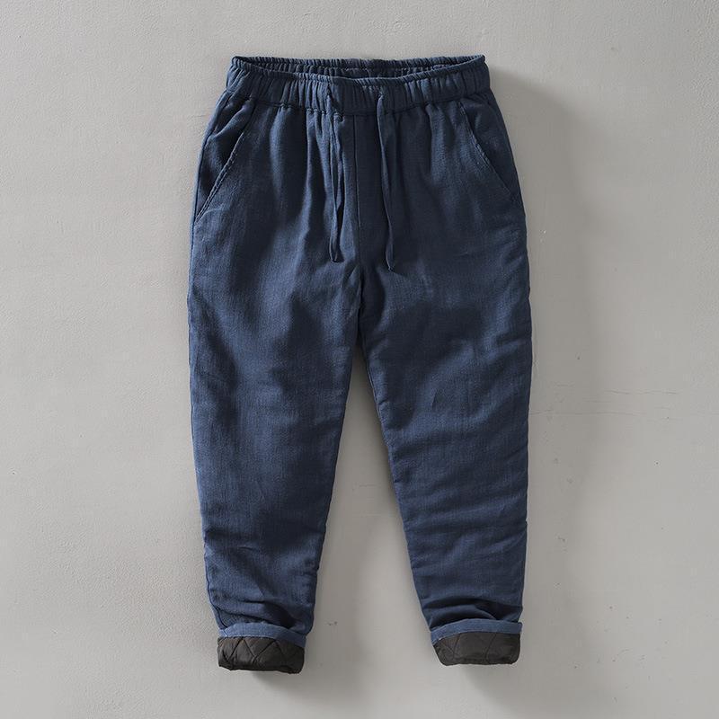 パンツ メンズ レトロ カジュアル ウエストゴム ドローストリング 綿麻 厚手 あったか ストレート ロングパンツ 秋冬 普段使い ミッドウエスト