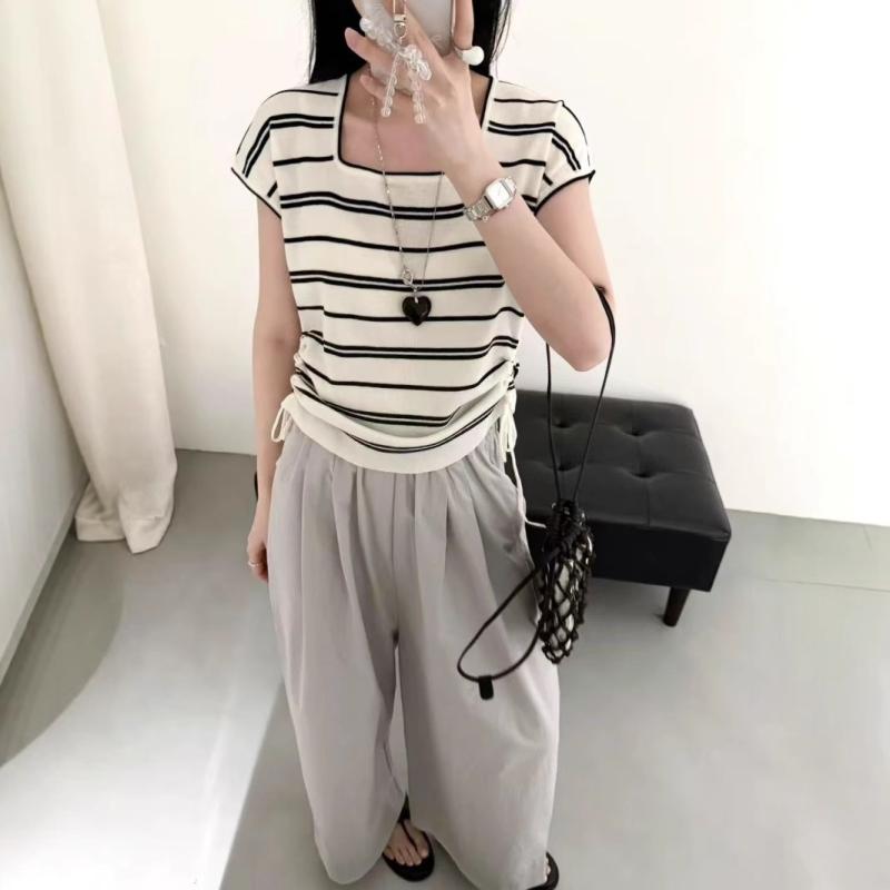 ニット レディース 韓国風 通勤 接触冷感 ストライプ サマーニット 薄手 トップス 半袖 ブルー 青 杏色 ブラック 黒 レッド 赤 イエロー 黄色