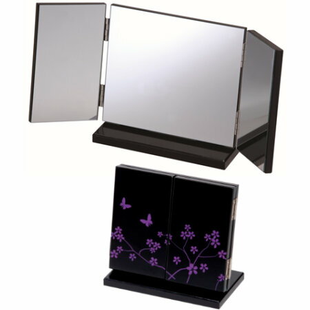 【送料無料】人気です。キュートでコンパクトな卓上三面鏡蝶と花のデザイン・ブラック