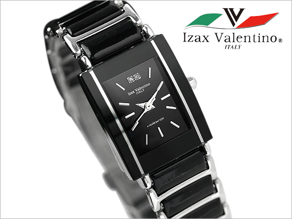 【Izax Valentino】アイザック バレンチノ レディース腕時計 天然ダイアモンド2粒使用 ブラックベゼル ブラック セラミック+ステンレスコンビベルト IVL-8500-1