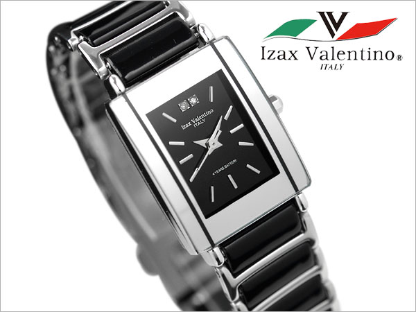 【Izax Valentino】アイザック バレンチノ レディース腕時計 天然ダイアモンド2粒使用 ブラック シルバーベゼル セラミック+ステンレスコンビベルト IVL-8500-2
