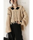 【再入荷♪12月23日12時&22時より】「french」モノクロを織り交ぜたケーブル編み変形ニットトップス