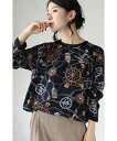 【再入荷♪12月19日12時&22時より】(ブラック)「french」エレガントなスカーフ柄トッ