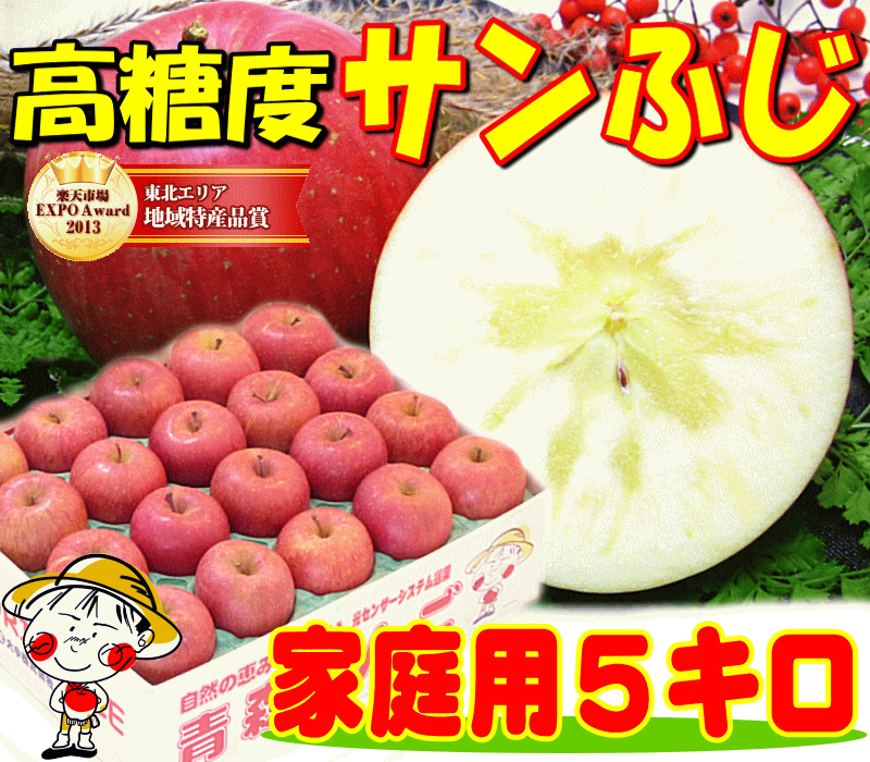 糖度13度以上保証サンふじ 家庭用5キロりんごの本場青森県から産地直送♪グルメ大賞2011受賞の実績！毎日のフルーツや、贈り物にもピッタリ♪全国一律青森りんご平成25年産！シャキッ＆ジューシィ〜！糖度13度以上の太陽の恵みイッパイ訳ありで、お得っ！