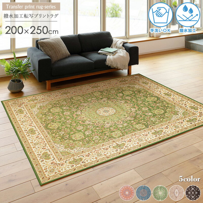 [最大10%OFFクーポン] ラグ 転写プリント 撥水加工付き 200×250cm ラグマット カーペット 敷物 長方形 おしゃれ 手洗い ウォッシャブル 撥水 高級感 メダリオン柄 オリエンタル 折りたたみ レッド/ブルー/グリーン/ブラウン/ベージュ 送料無料 ordy