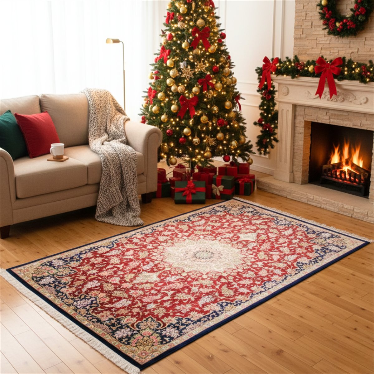 ペルシャ絨毯 【本物イラン産】 クム シルク マルージ工房 ラグ 203x133cm NT11299 赤 ペルシャンレッド ダークブルー 濃紺 手織り絨毯 5大産地 華やか 豪華 光沢感 織り密度の高い 最高 品質 【E1】