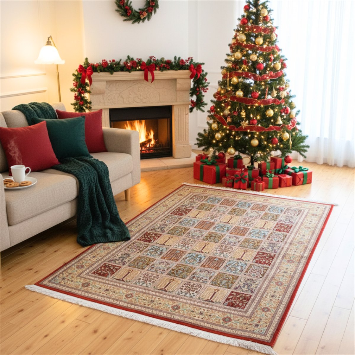 ペルシャ絨毯 【本物イラン産】 クム バーバイ工房 シルク ラグ へシティ柄 格子柄 庭園 パネル 198x134cm A11355 ゴールド オレンジ イエロー 手織り絨毯 5大産地 華やか 豪華 光沢感 織り密度の高い 本場 品質 【D5】