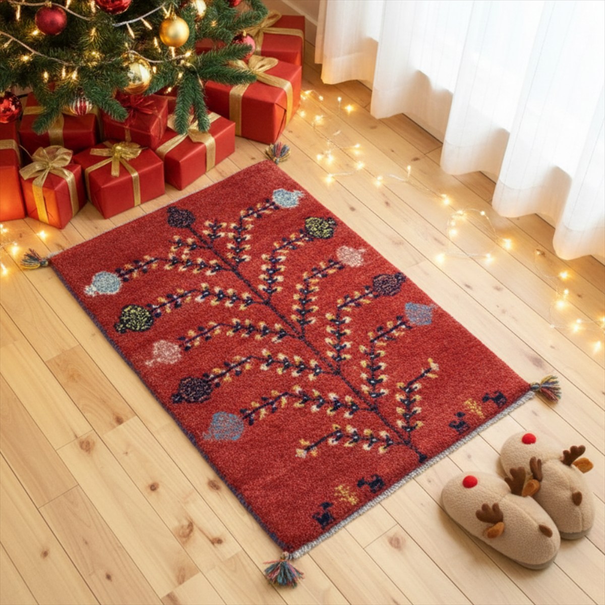 ペルシャ ギャッベ 本場イラン産 87×62cm 厚み 2.18cm クリスマス ツリー Xmas 赤 レッド 茜色 ザクロの木 実 ギャベ ウール100% セール ギャベ 玄関マット 天然素材 草木染め ラグ 赤ちゃんも安心 遊牧民族 カシュガイ族 手織り絨毯 羊毛 北欧 ナチュラル おしゃれ RJ9292