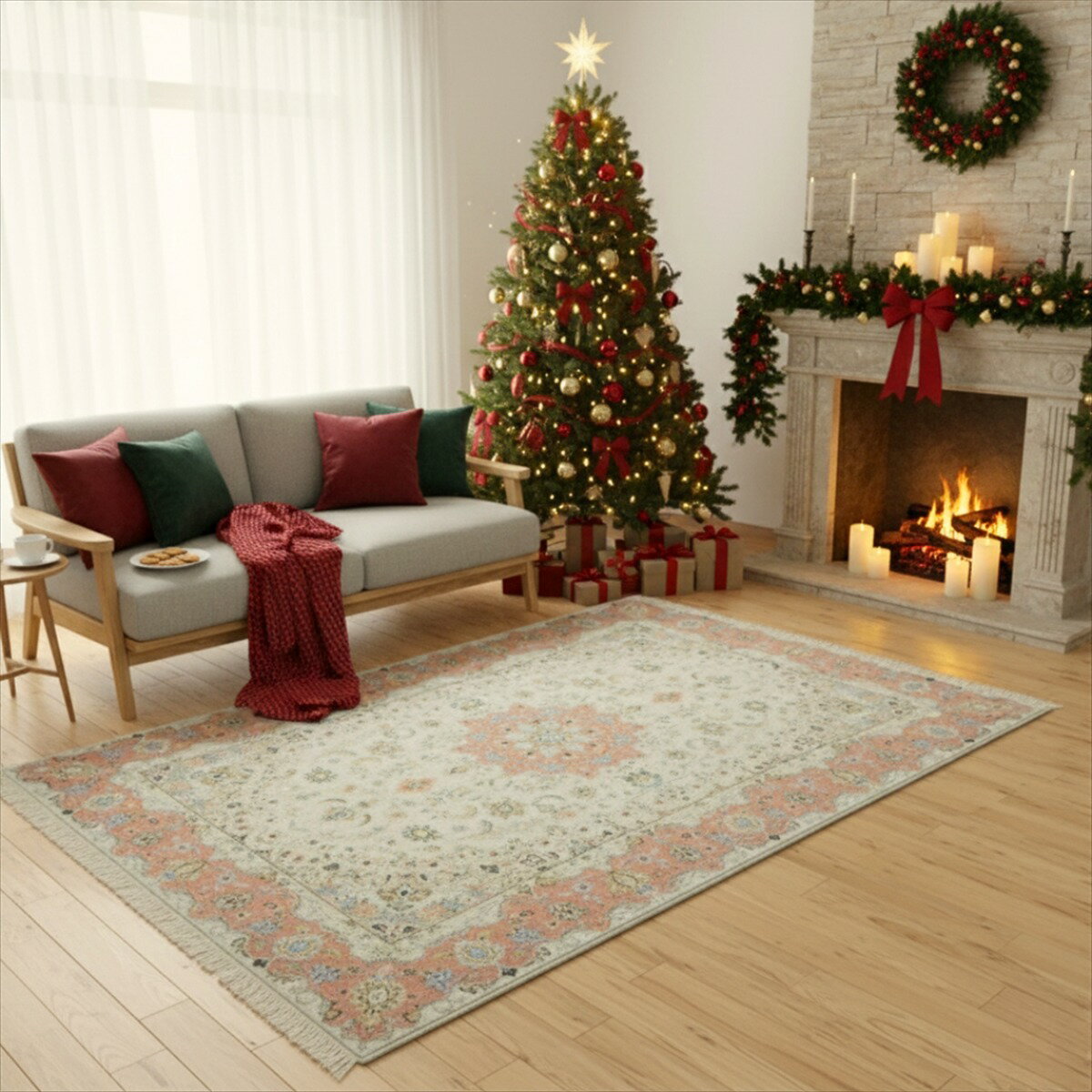 ペルシャ絨毯 【本物イラン産】 カシャン産 アイボリー ピンク フラワー柄 221×142cm ペルシャじゅうたん 手織り ペルシャ 絨毯 じゅうたん 長方形 ラグ 厚み 華やか おしゃれ リビング 部屋 豪華 高級 ルームラグ A17260