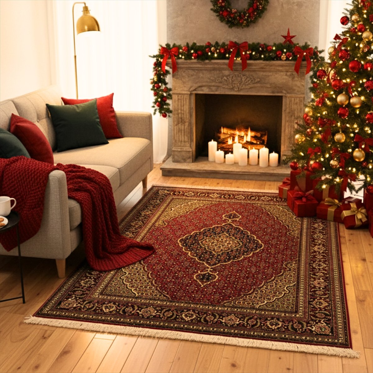 ペルシャ絨毯 【本物イラン産】 タブリーズ産 レッド マヒ柄 201×153cm 手織り絨毯 ラグ 厚み 手織り 絨毯 本場 5大産地 華やか 豪華 高級 TS2364