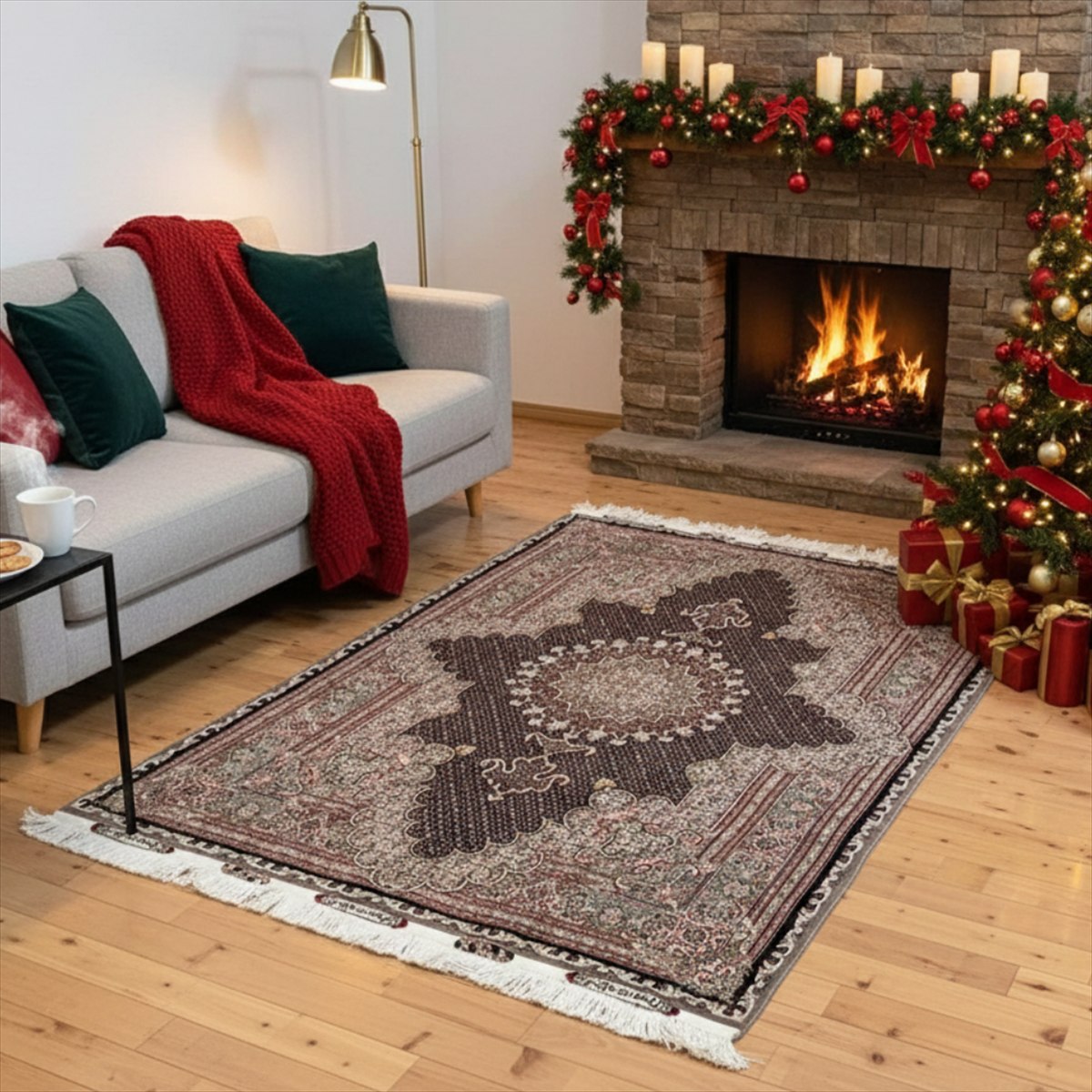 ペルシャ絨毯 【本物イラン産】 タブリーズ産 ブラック マヒ柄 206×154cm 手織り絨毯 ラグ 厚み 手織り 絨毯 本場 5大産地 華やか 豪華 高級 HS1212