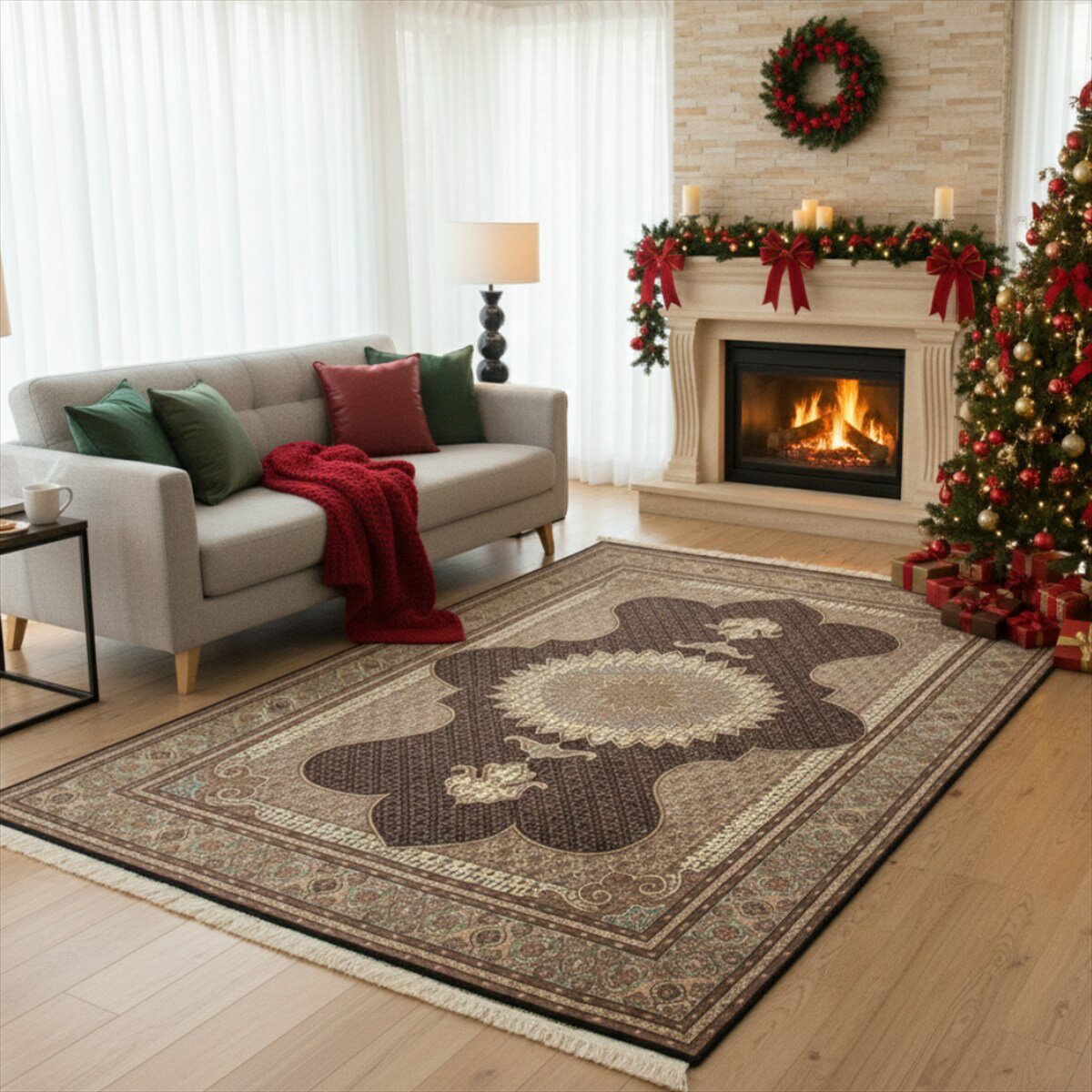 ペルシャ絨毯 【本物イラン産】 タブリーズ産 ブラック マヒザイン 300×204cm 小魚 フィールド 手織り絨毯 ラグ カーペット 厚み 手織り 絨毯 本場 5大産地 華やか 豪華 高級 NT9054