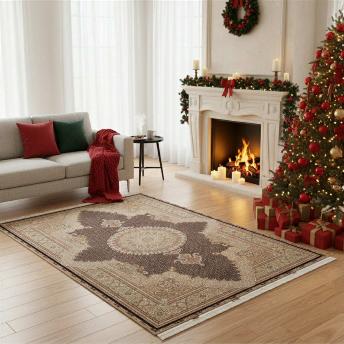 ペルシャ絨毯 【本物イラン産】 タブリーズ産 ブラック マヒザイン 312×202cm 小魚 フィールド 手織り絨毯 ラグ カーペット 厚み 手織り 絨毯 本場 5大産地 華やか 豪華 高級 NT7986