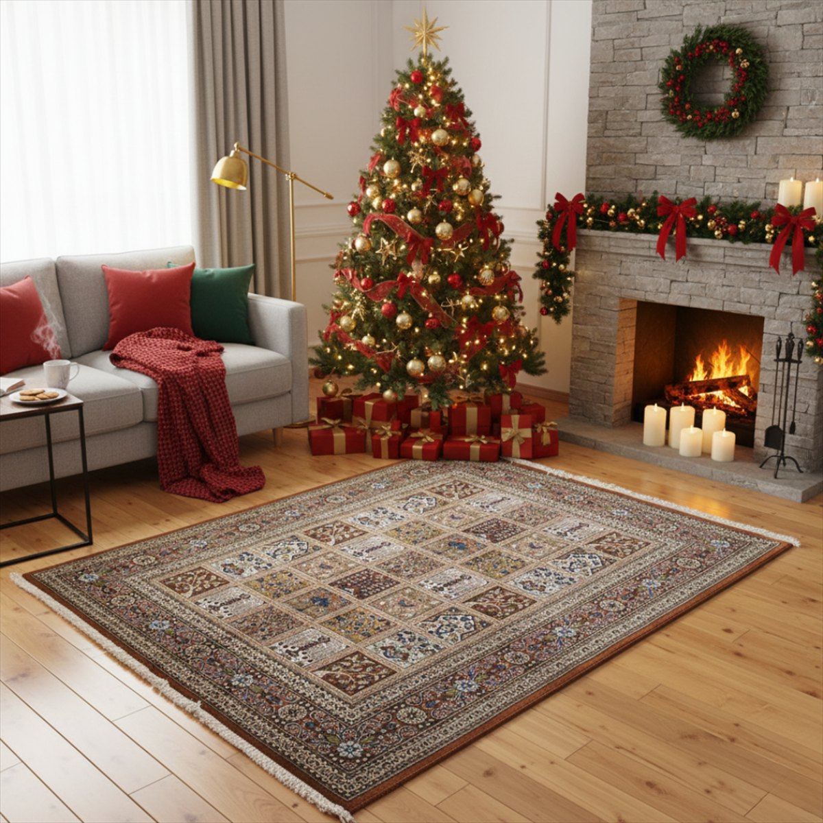 ペルシャ絨毯 【本物イラン産】 クム産 ヘシュティデザイン 庭園文様 コルクウール ベージュ メダリオン エスリム柄 198x138cm 手織り絨毯 ラグ 厚み 手織り 絨毯 本場 5大産地 華やか 豪華 高級 A22390