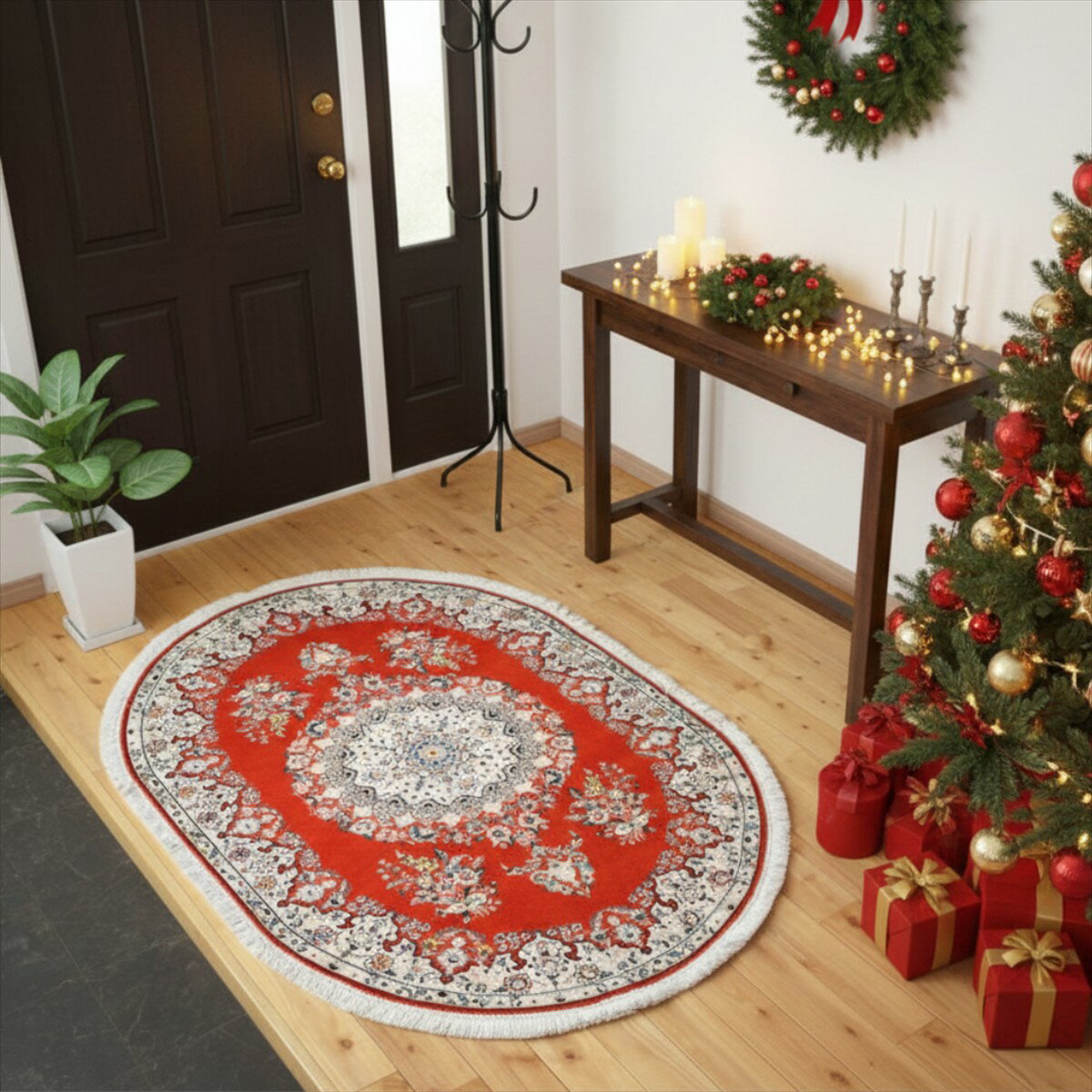 ペルシャ絨毯 【本物イラン産】 ナイン産 オーバル 楕円 ウール ＆ シルク 140Φ94cm 小判型 オレンジ 手織り絨毯 5大産地 エレガント 華やか 豪華 NT7050