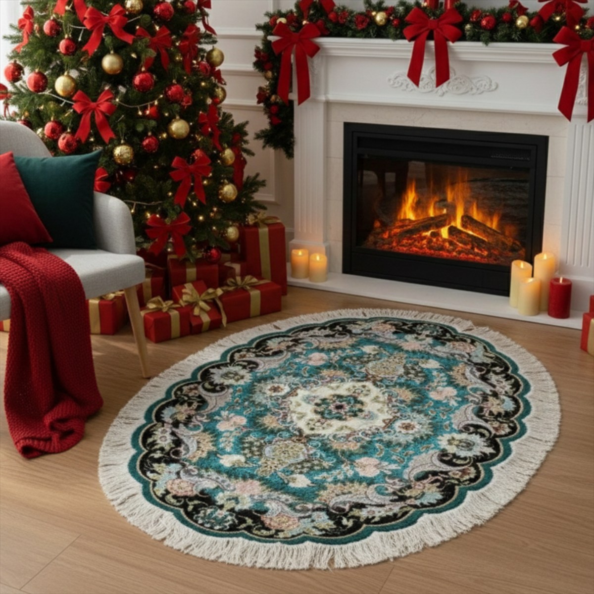 ペルシャ絨毯 【本物イラン産】 タブリーズ産 フラワー 楕円 ウール&シルク 玄関マット 96Φ60cm 手織り絨毯 5大産地 エレガント グリーン エメラルドグリーン 華やか 豪華 NT11774