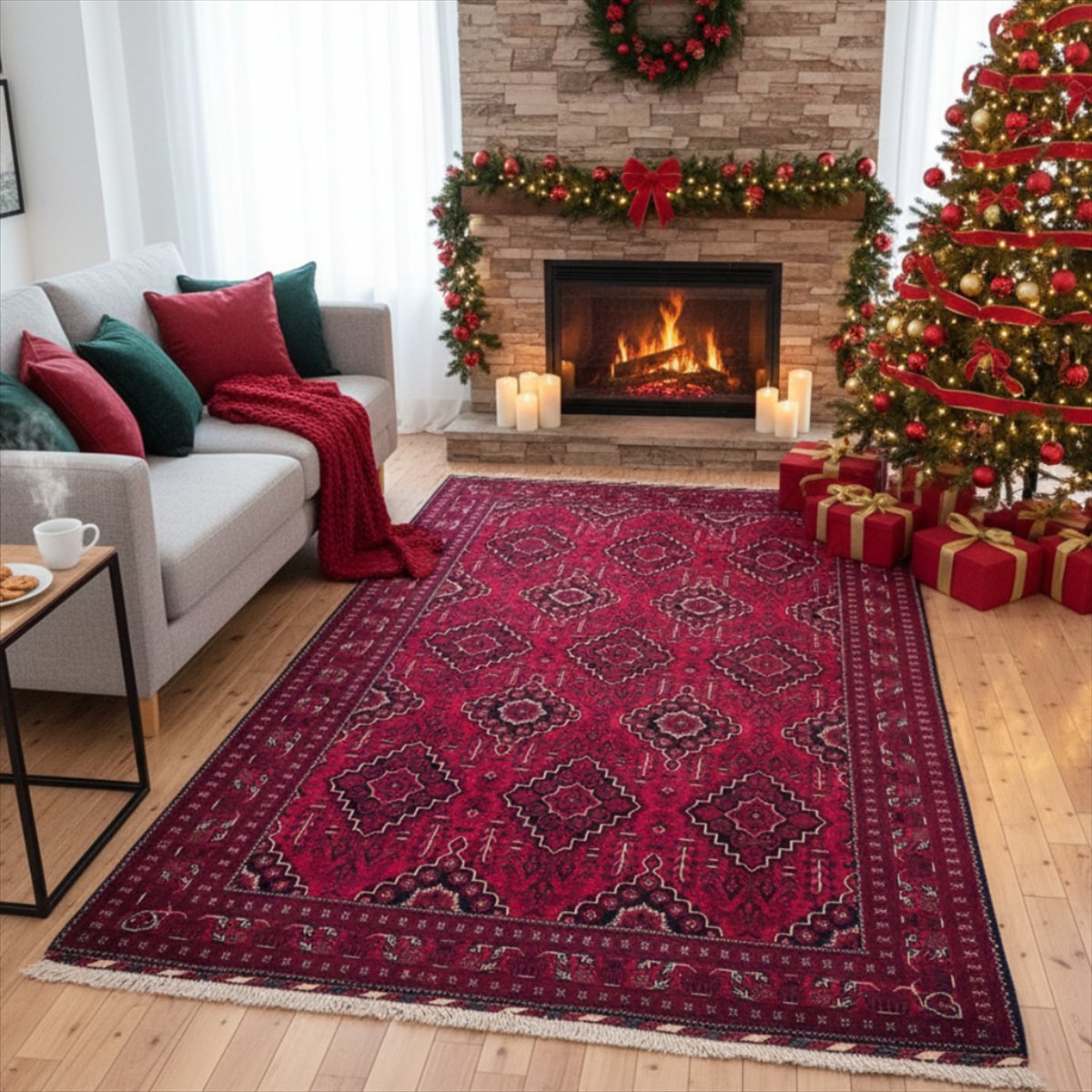 アフガン絨毯 ベルジック アンティーク レッド 幾何学文様 300×205cm トライバル 手織り絨毯 ラグ カーペット 厚み 手織り 絨毯 華やか 豪華 高級 NT16986