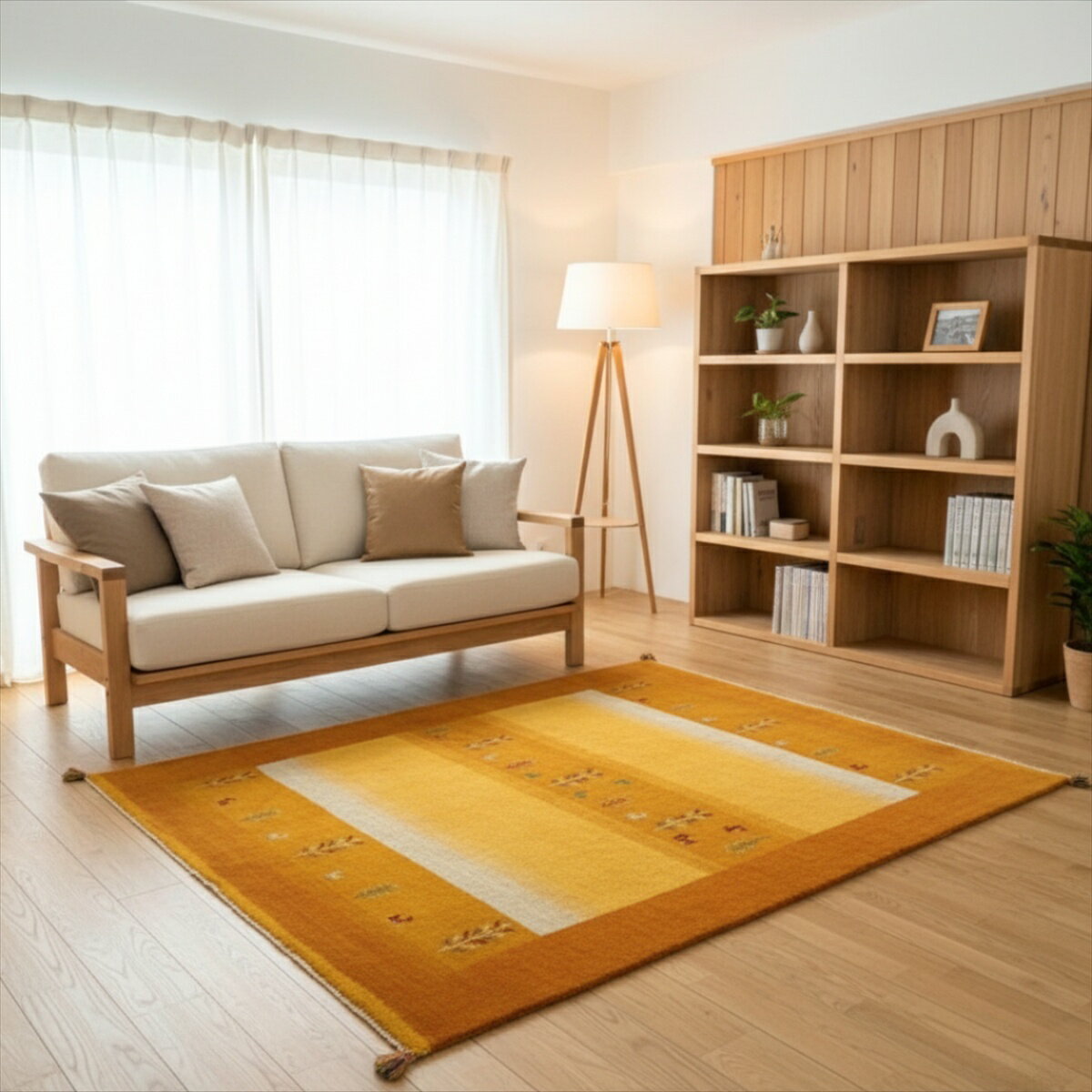 ペルシャ ギャッベ 本場イラン産 192x152cm 黄金色 アイボリー グラデーション ギャベ ウール 天然素材 草木染め 絨毯 ラグ Gabbeh 遊牧民族 トルクマン族 リビング 約1.5畳 2人掛けソファ前 リビング RJ6362G 【C5】