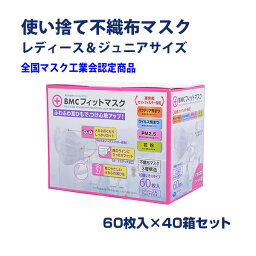 不織布マスク * BMC フィットマスク 60枚入り レディース＆ジュニアサイズ 40箱セット(1c/s) * <strong>サージカルマスク</strong> 花粉 ほこり ホコリ 風邪 飛沫対策 業務用マスク<strong>大量</strong>購入 マスクまとめ買い 販促品 ノベルティ 景品 粗品 備蓄 防災備蓄 マスク普通サイズ 長時間着用