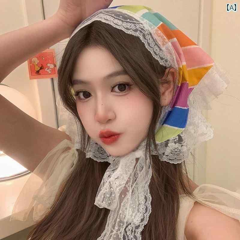 三角巾 大人 おしゃれ 韓国 春夏 レトロ 三角形 ヘッド レディース スカーフ バンダナ アクセサリー 装飾 髪飾り 薄手 レース シンプル ガーリー 白 青 ピンク ストライプ 花柄
