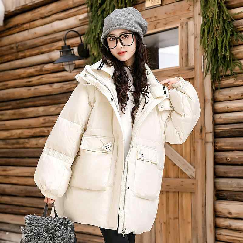 ダウンジャケット 女の子 子供 学生 ミドル丈 すっきりとした形の 秋冬 防寒対策 フード付き 厚手 ホワイトダックダウン ポリエステル 長袖 ポケット 無地 韓国風 ブラック ベージュ 通学