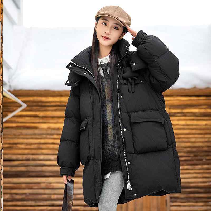 ダウンジャケット 女の子 ジュニア 学生 ロング丈 アウター コート ホワイトダックダウン 厚手 フード付き ジップアップ ポケット 韓国風 ストレートシルエット ポリエステル 冬 防寒 通学 カジュアル