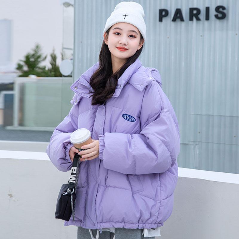 ダウンジャケット レディース 女の子 中高生 ショート丈 厚手 ゆったり フード付き 韓国風 秋冬 無地 ホワイトダックダウン パープル 防寒 アウター 通学 普段使い カジュアル