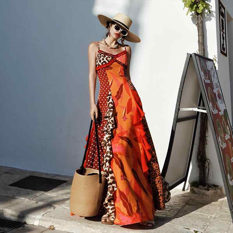 ワンピース フレンチスタイル レトロ ドット柄 ヒョウ柄 プリント 切り替え フリル キャミソール ロング丈 Vネック Aライン ノースリーブ ハイウエスト ポリエステル ストレッチ リゾート サマー マルチカラー