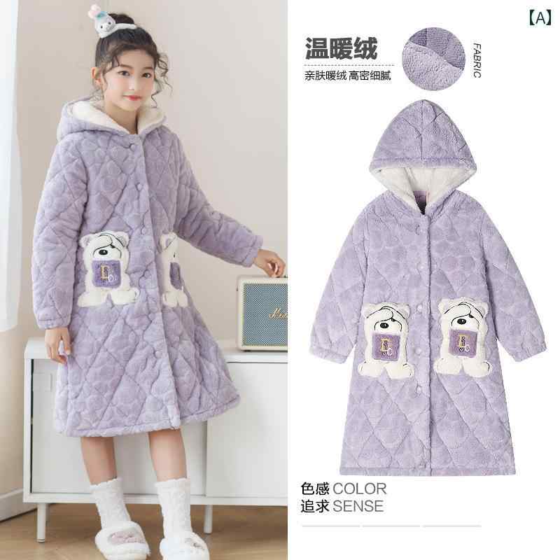 ルームウェア 部屋着 ガウン 女の子 子供 キッズ 冬 厚手 もこもこ フランネル 暖かい ピンク パープル
